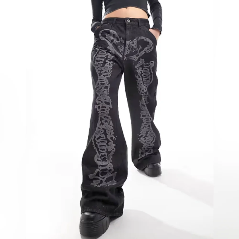Minga London Bones Black Washed Denim Jeans Skeleton Print Wide Baggy Leg SZ 36 - Picture 1 of 16